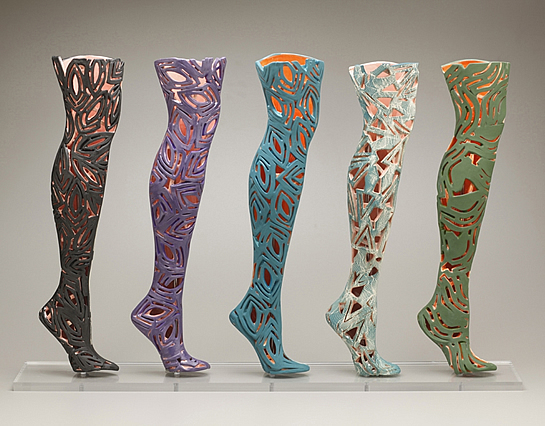 Mari Ogihara, UPRIGHT LEGS, 2009, press molded stoneware, glazes & air-brushed underglazes