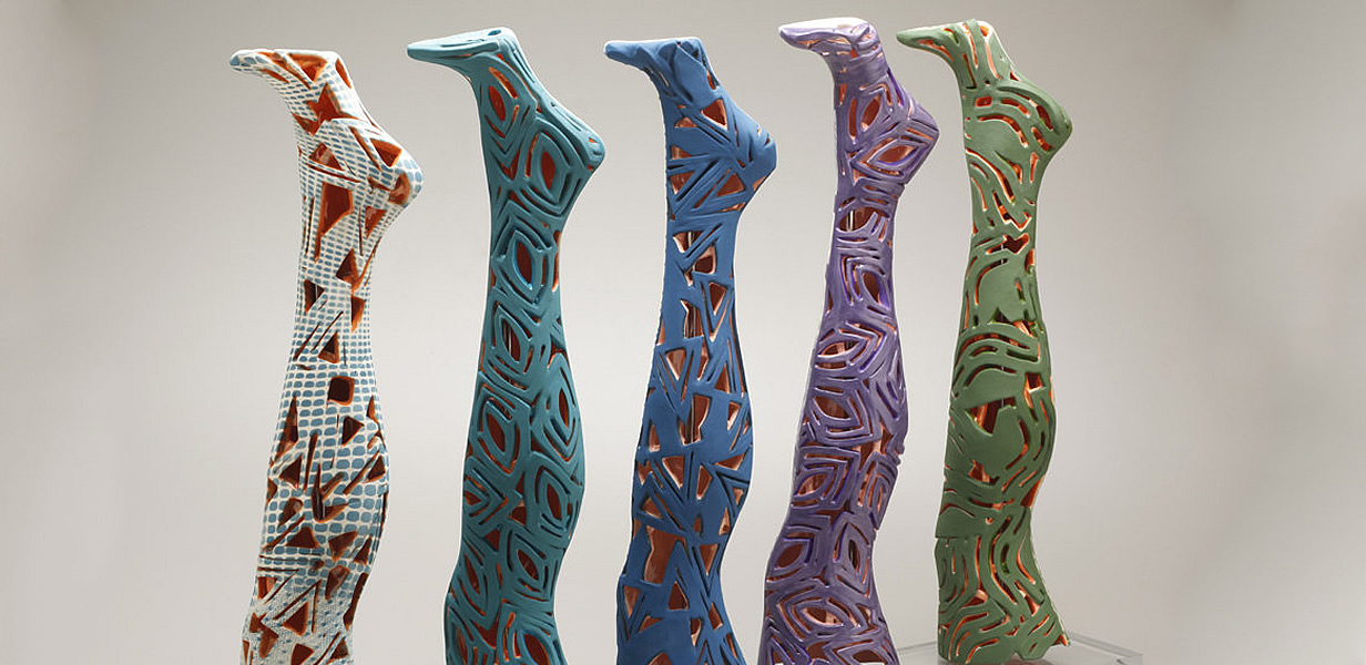 Mari Ogihara, UPRIGHT LEGS, 2009, press molded stoneware, glazes & air-brushed underglazes