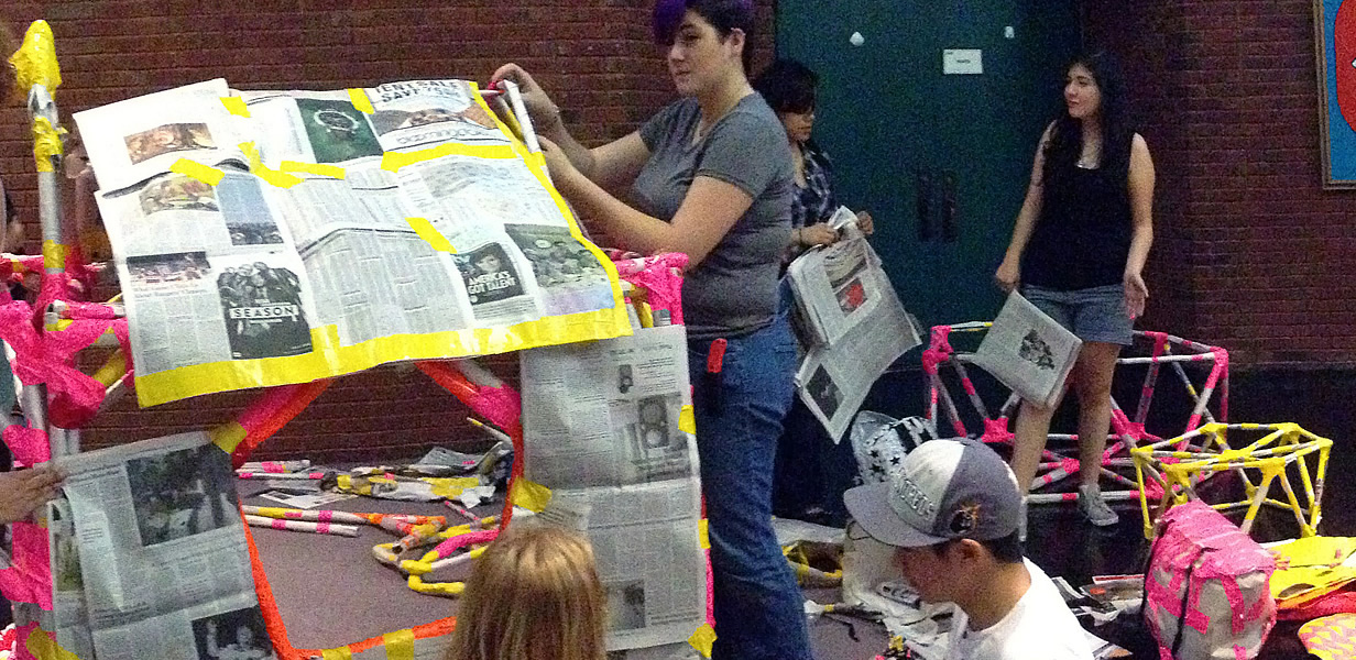 Joe Fucigna's Sculpture I Students Create Structures Using Newspaper and Duct Tape.