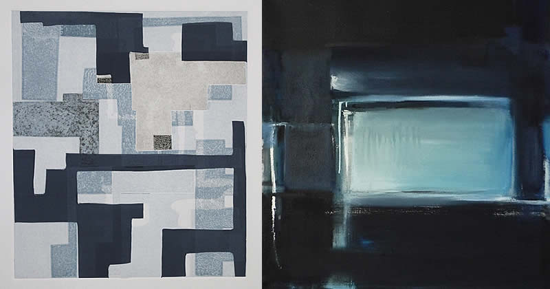 Karen Dow, Assembly 12, 2015, monotype, 16" x 14", Emilia Dubicki, NIGHT AT SEA, 2015, oil on canvas, 32" x 30"