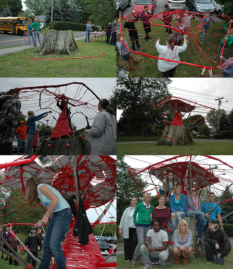 NCC Sculpture students create structures using newspaper and duct tape.