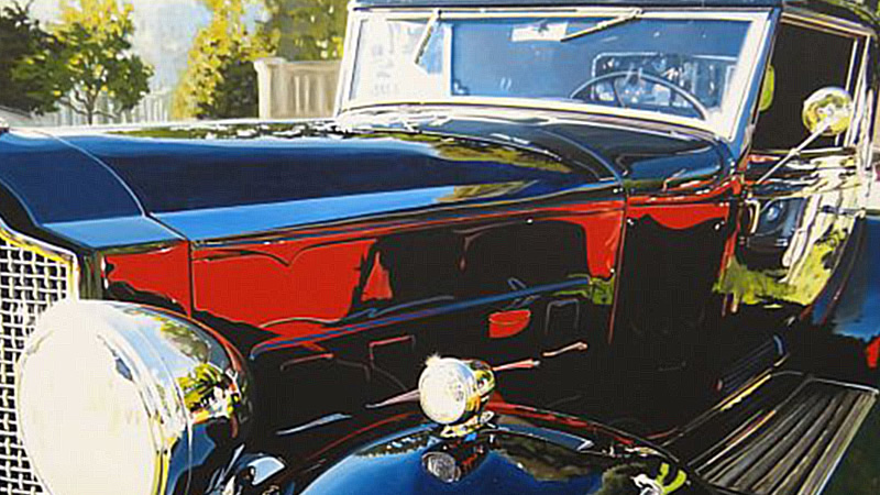 Dreaming in Italian, an acrylic painting by Ken Scaglia featured at Westport Library’s new exhibit of his work, Art of the Automobile.